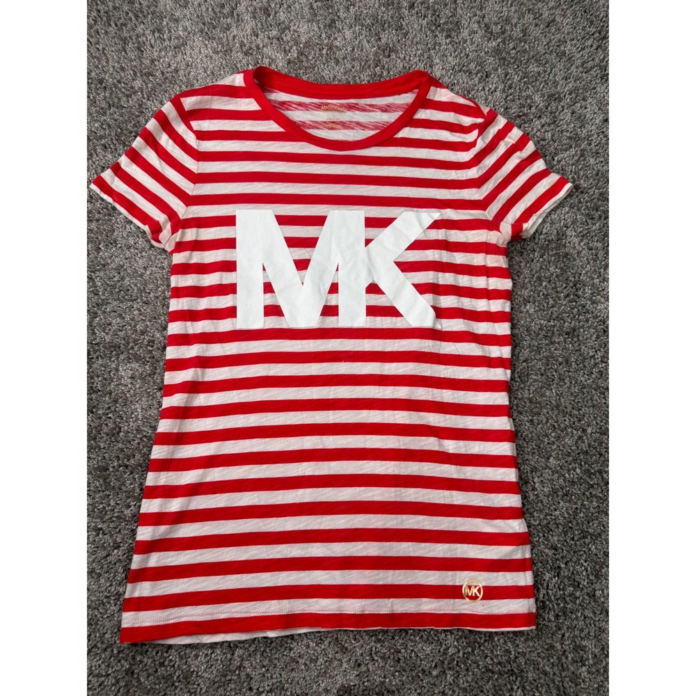 Michael Kors Women S Red White Striped MK Logo Graphic Short Sleeve T-Shirt